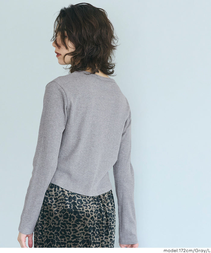 短版圓弧下擺螺紋長袖開衫