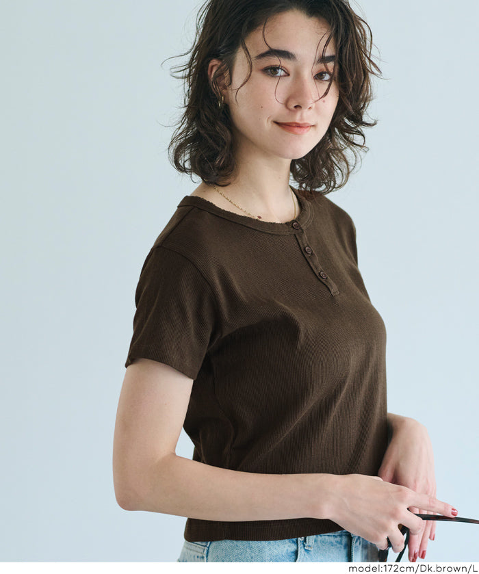 螺紋短袖亨利領上衣