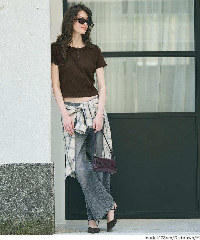 螺紋短袖亨利領上衣