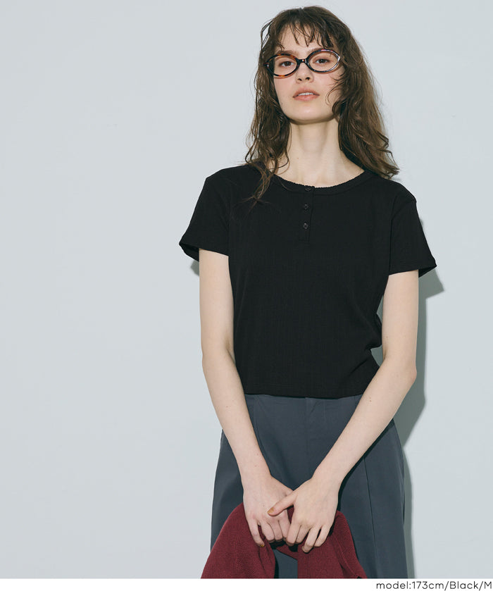 螺紋短袖亨利領上衣