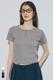 螺紋短袖亨利領上衣