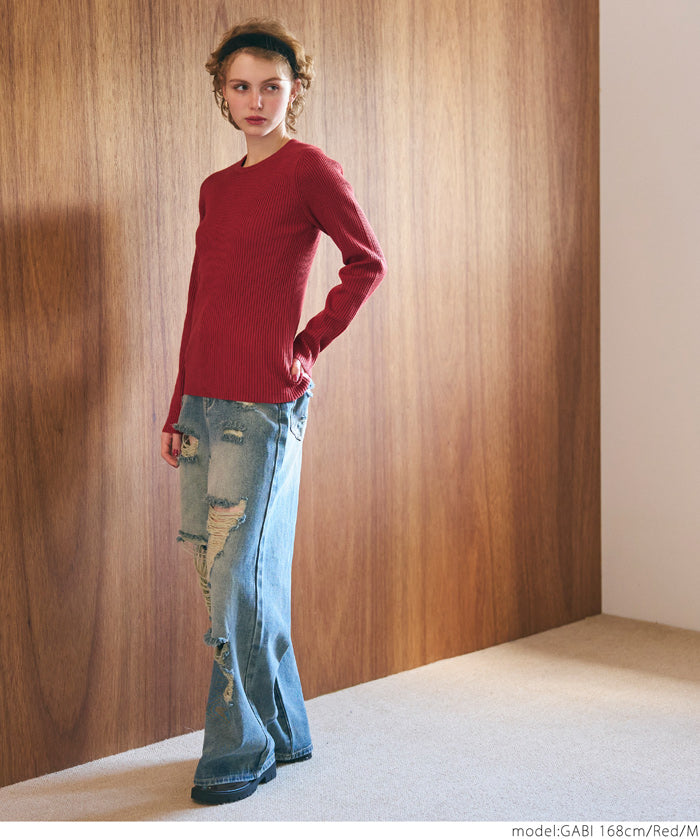 【Top Knit】Basic Multicolor Crew Neck Top