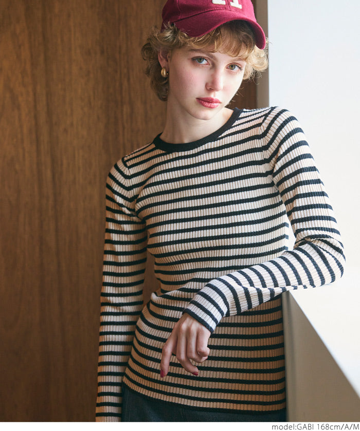 【Top Knit】Basic Multicolor Crew Neck Top