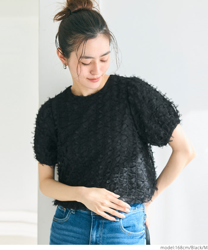 Temperamental bow tulle shape princess short-sleeved top