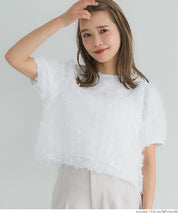 Temperamental bow tulle shape princess short-sleeved top