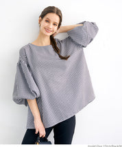 Plaid puff short-sleeved loose top