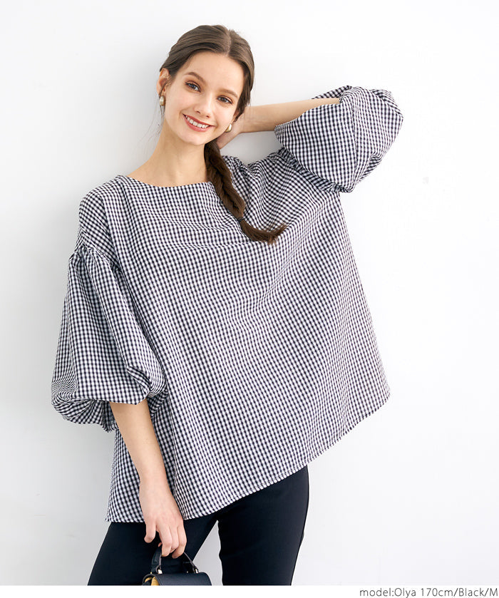 Plaid puff short-sleeved loose top