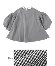 Plaid puff short-sleeved loose top