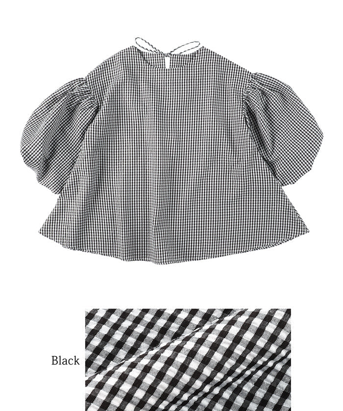 Plaid puff short-sleeved loose top