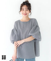Plaid puff short-sleeved loose top