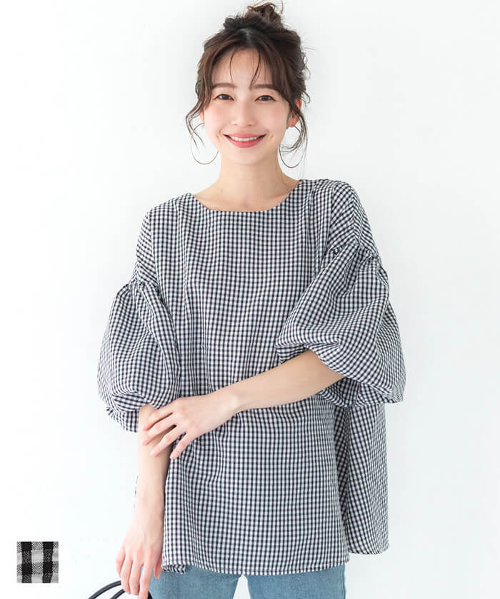 Plaid puff short-sleeved loose top