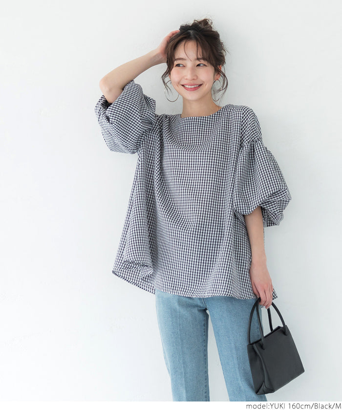 Plaid puff short-sleeved loose top