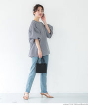 Plaid puff short-sleeved loose top