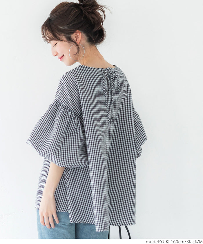 Plaid puff short-sleeved loose top