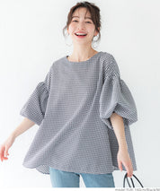 Plaid puff short-sleeved loose top