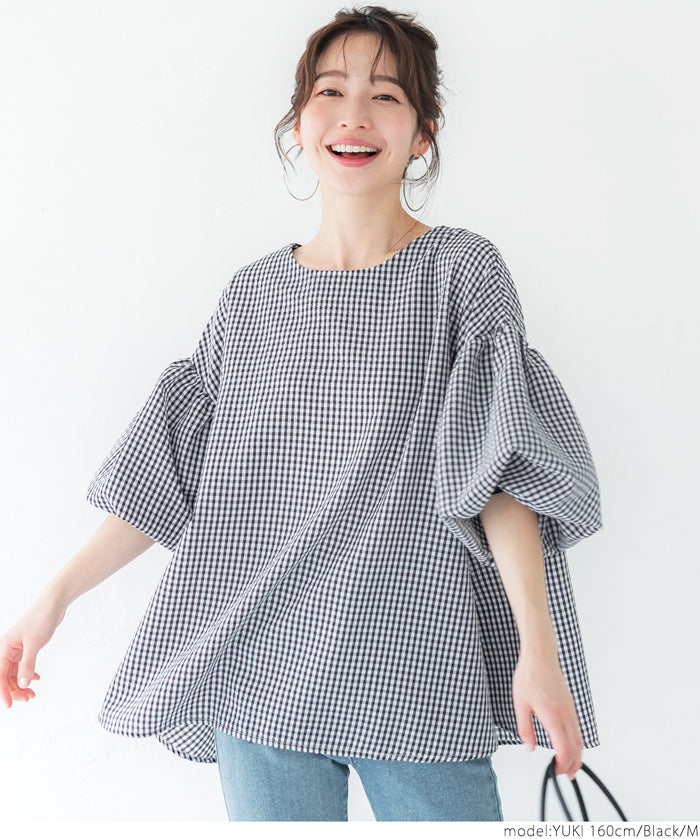 Plaid puff short-sleeved loose top