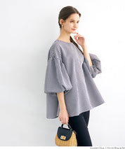 Plaid puff short-sleeved loose top