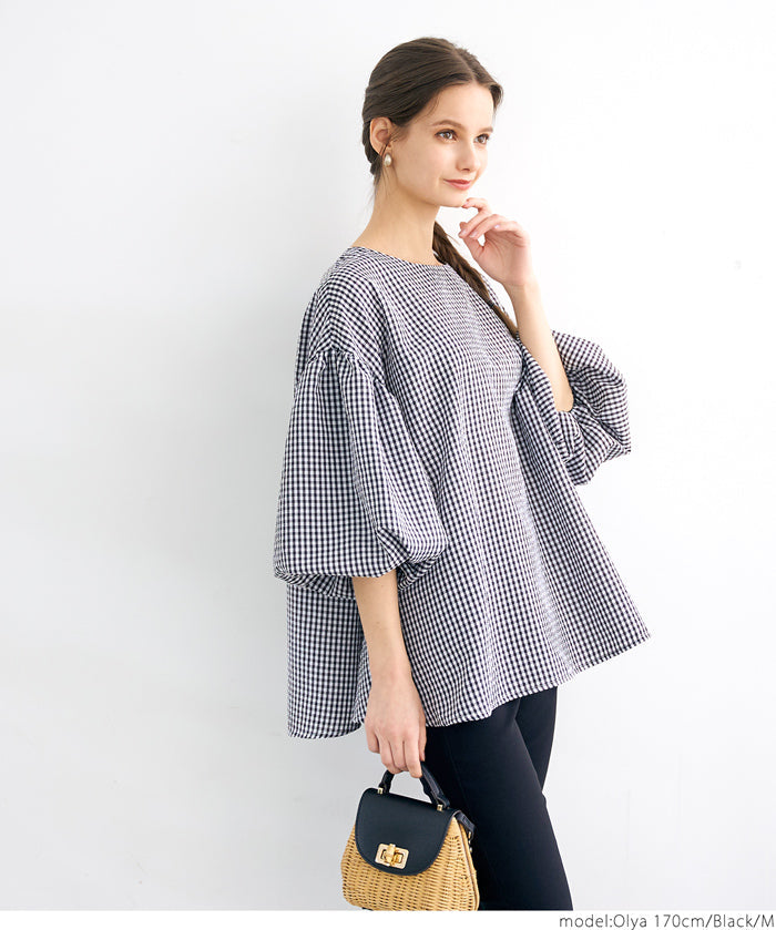 Plaid puff short-sleeved loose top