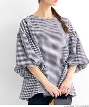 Plaid puff short-sleeved loose top