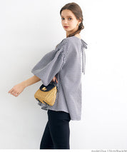 Plaid puff short-sleeved loose top