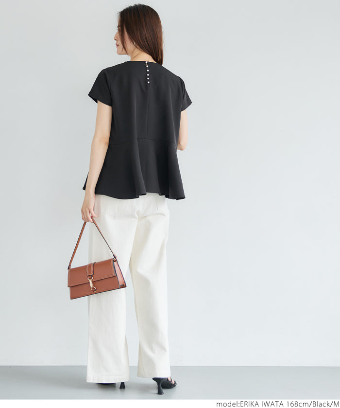 Temperamental commuting pearl lotus hem short-sleeved babydoll top