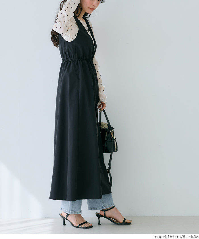 V-neck front zip-up waist vest dress