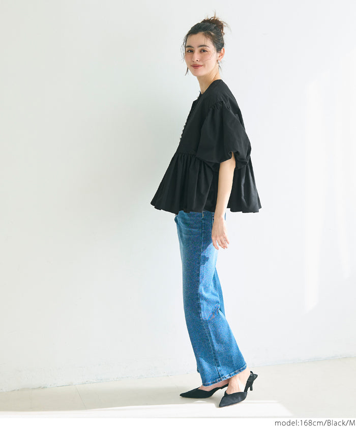 Japanese style puff sleeve collarless baby coat