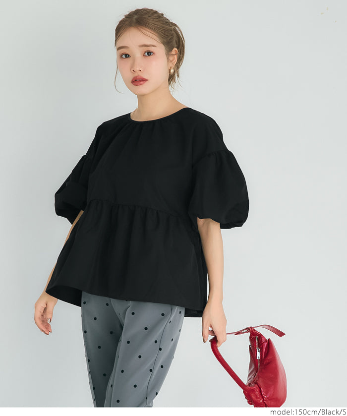 Japanese style back bow puff sleeves and stiff babydoll top