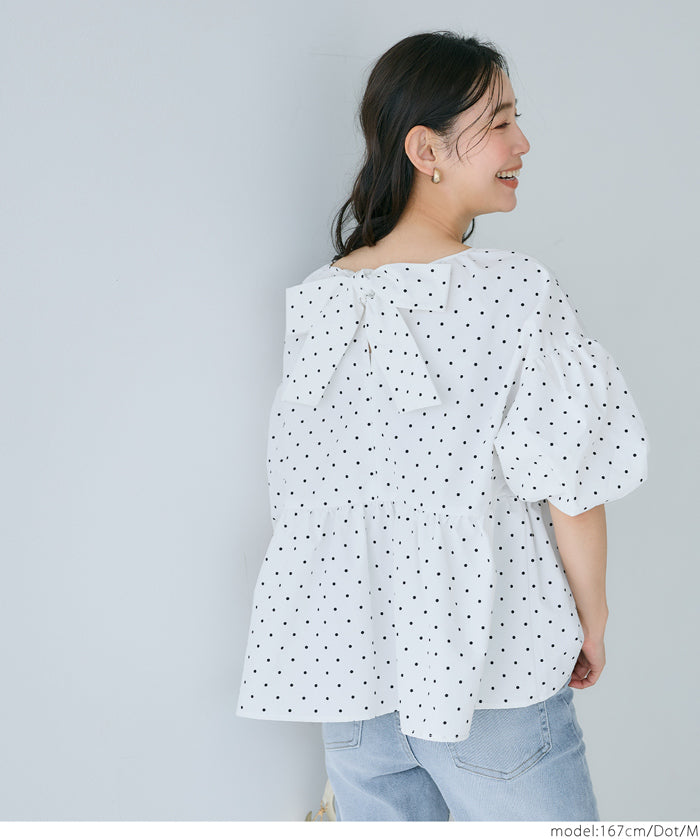 Japanese style back bow puff sleeves and stiff babydoll top