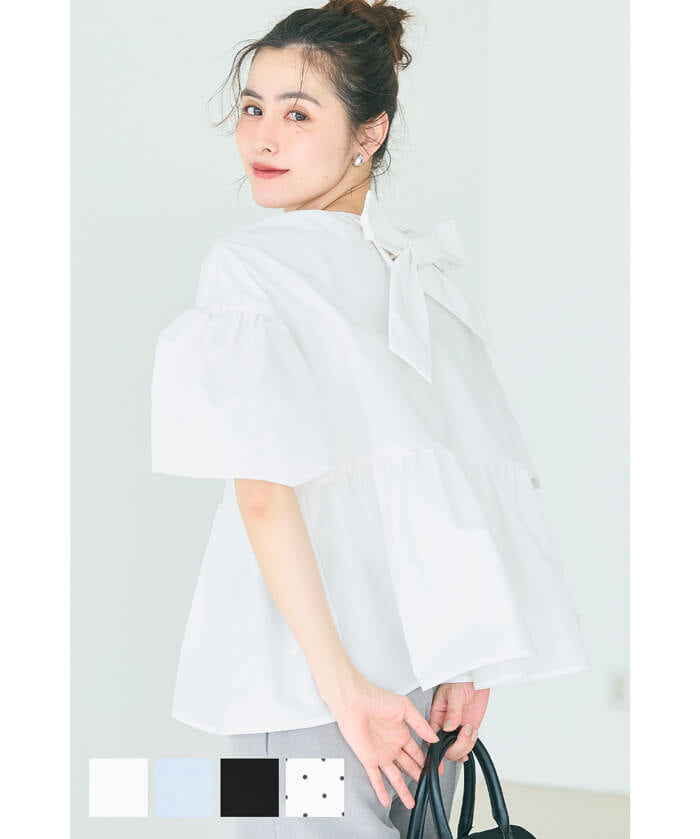Japanese style back bow puff sleeves and stiff babydoll top