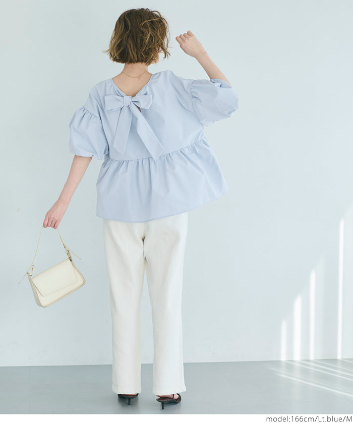 Japanese style back bow puff sleeves and stiff babydoll top