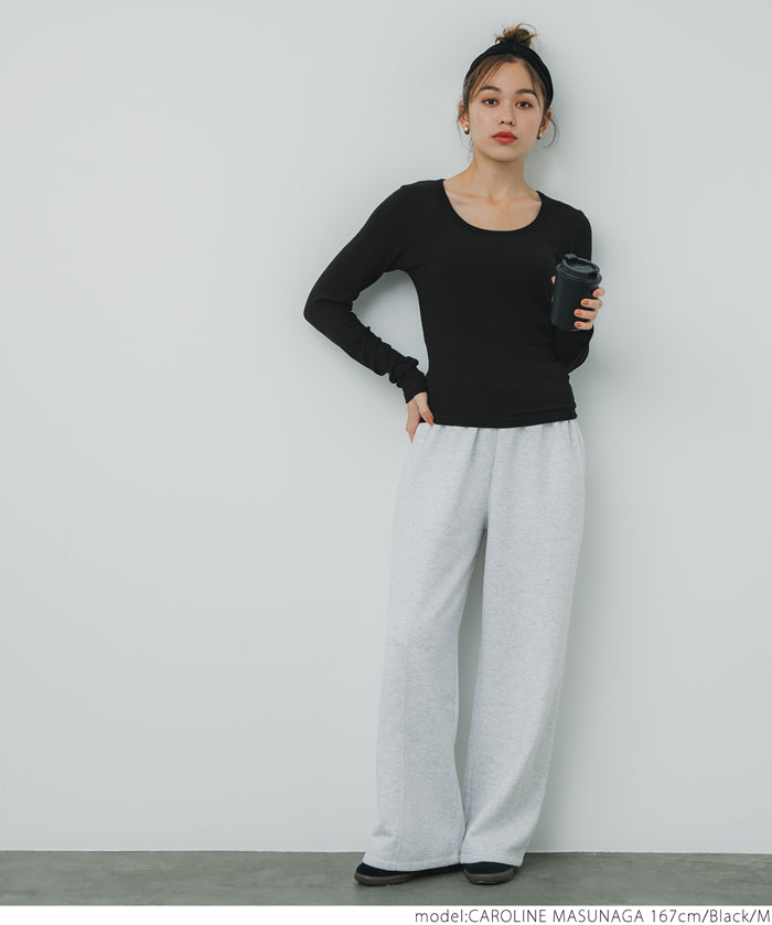 U-neck long sleeve ribbed T-shirt