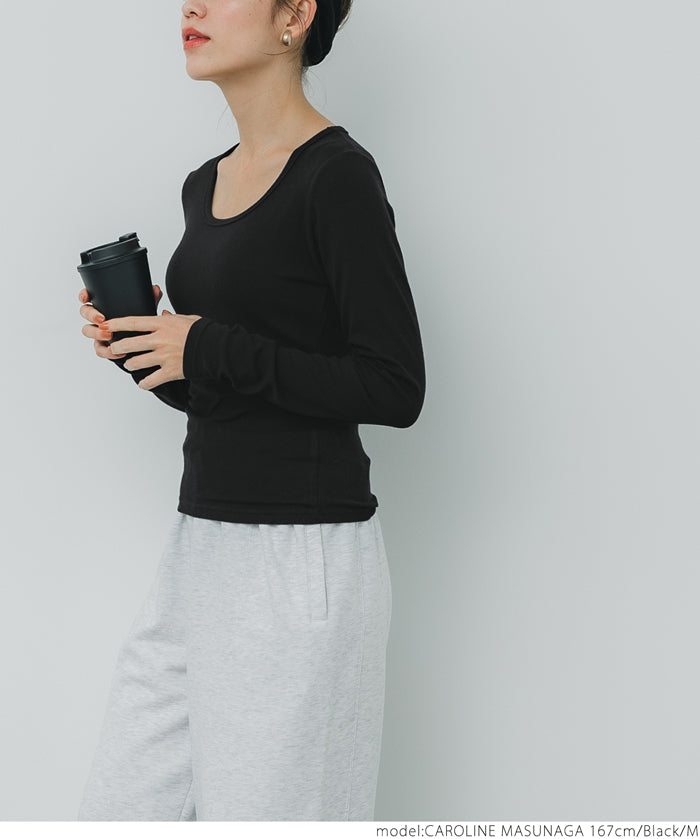 U-neck long sleeve ribbed T-shirt