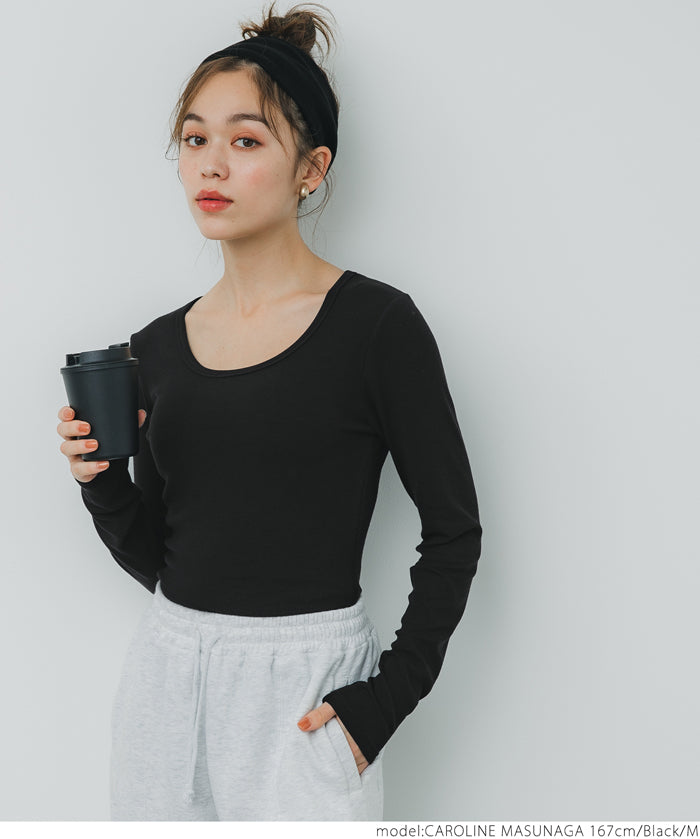 U-neck long sleeve ribbed T-shirt