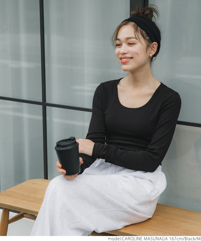 U-neck long sleeve ribbed T-shirt