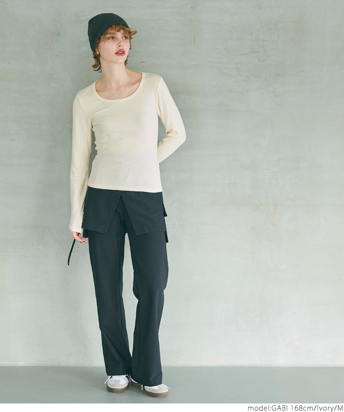 U-neck long sleeve ribbed T-shirt