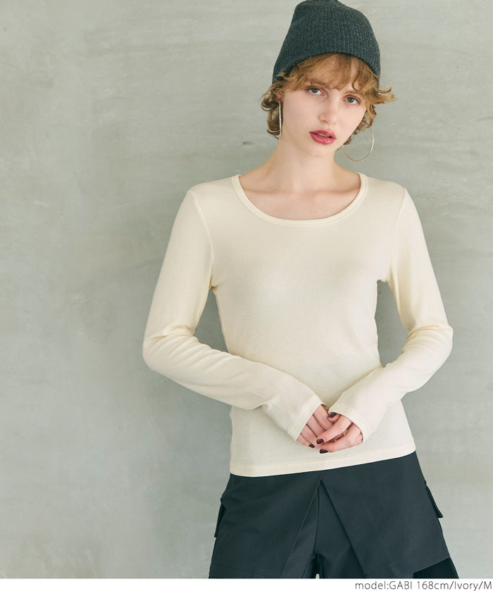 U-neck long sleeve ribbed T-shirt
