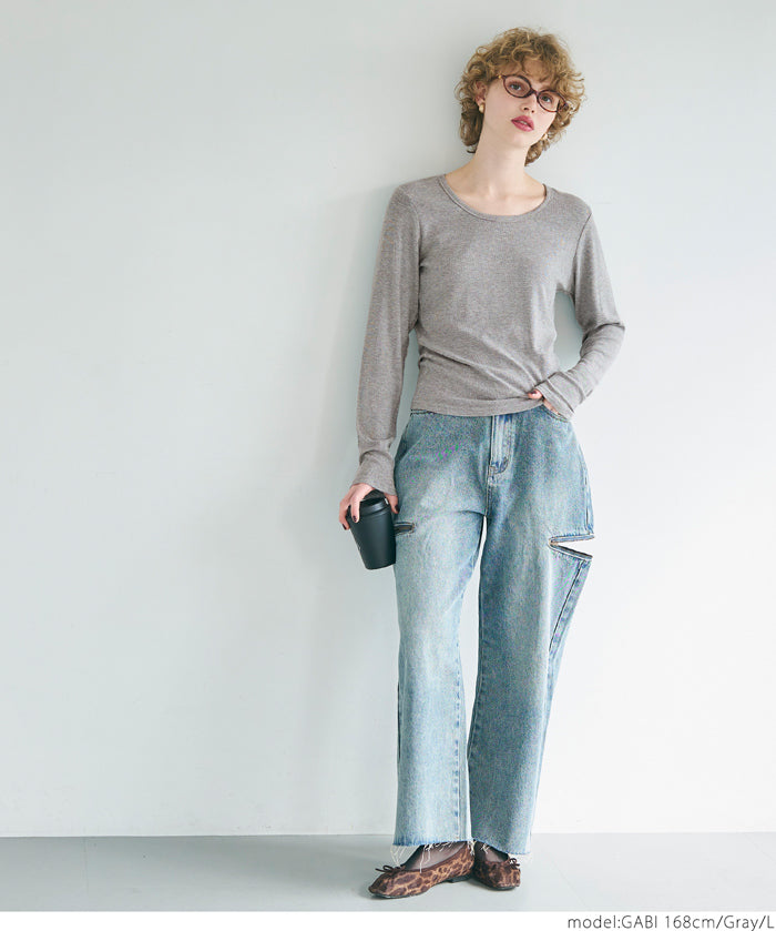 U-neck long sleeve ribbed T-shirt