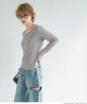 U-neck long sleeve ribbed T-shirt