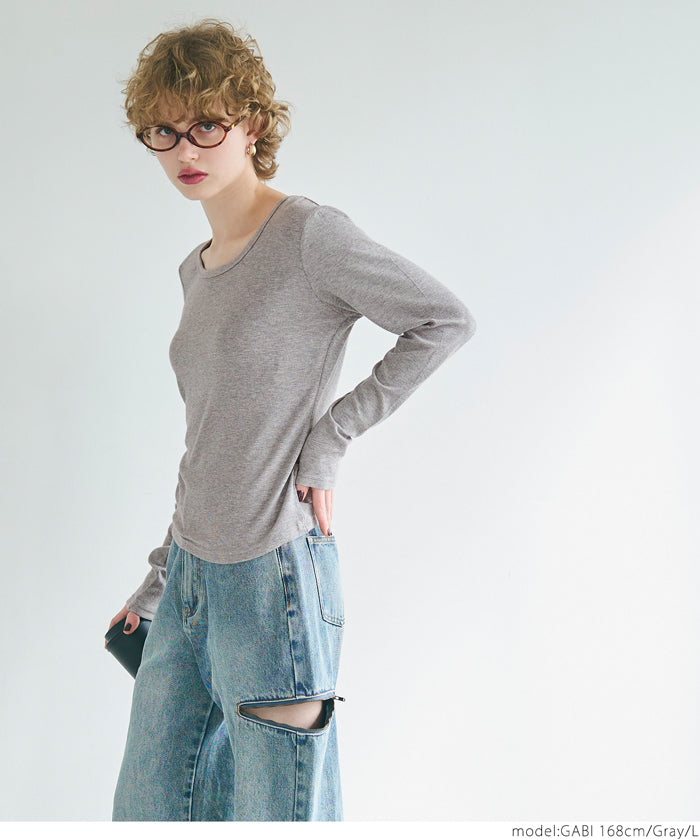 U-neck long sleeve ribbed T-shirt