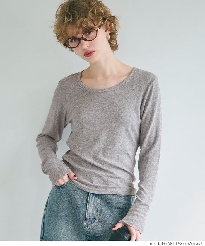 U-neck long sleeve ribbed T-shirt