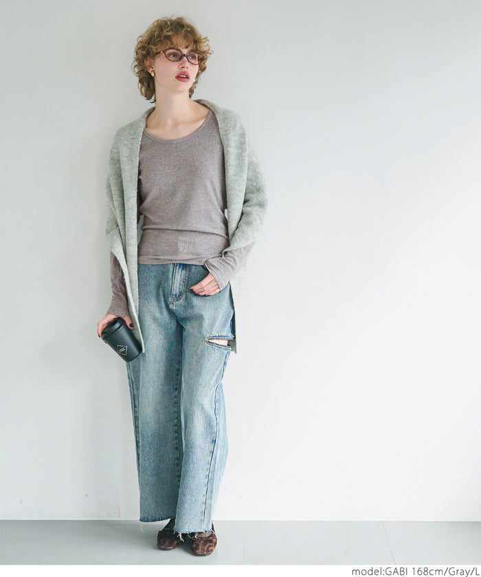 U-neck long sleeve ribbed T-shirt