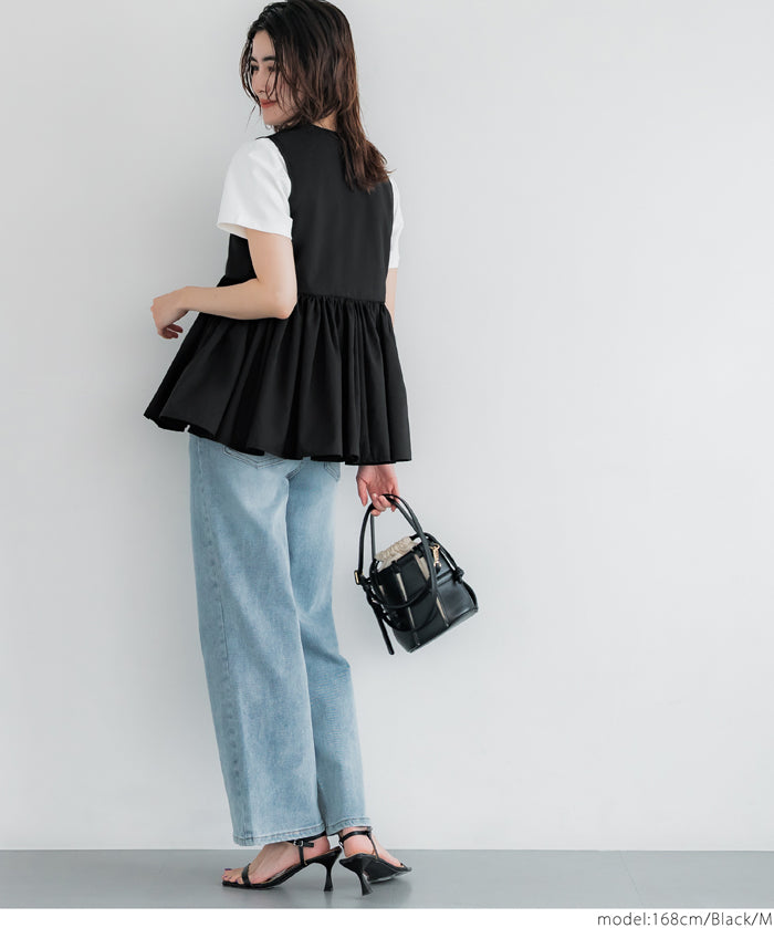 Japanese style V-neck lotus leaf stitching babydoll vest