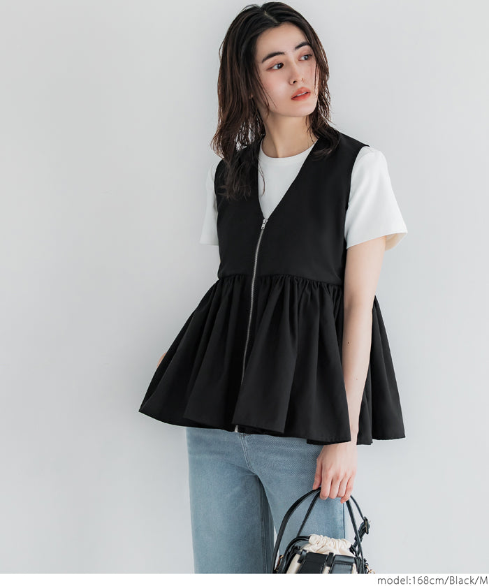 Japanese style V-neck lotus leaf stitching babydoll vest