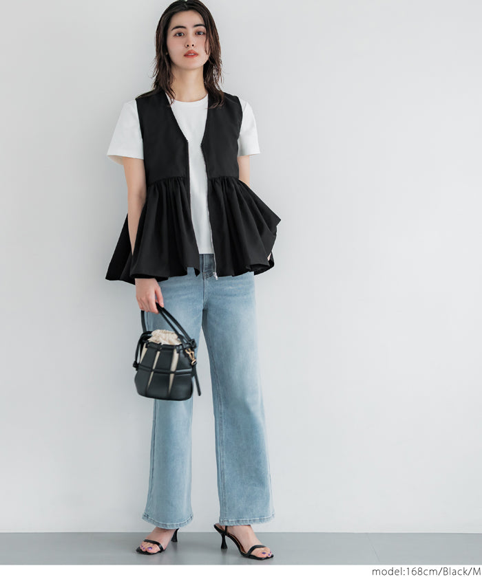 Japanese style V-neck lotus leaf stitching babydoll vest