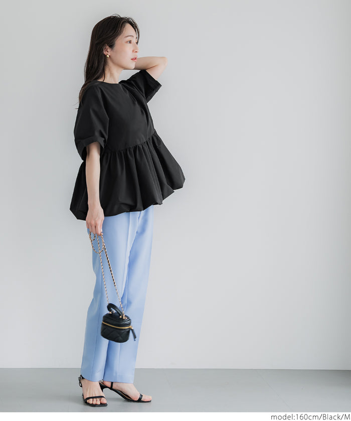 Balloon hem slim short sleeve babydoll