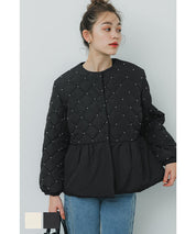 Quilted gathered blouson with pearls