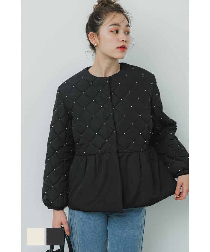 Quilted gathered blouson with pearls
