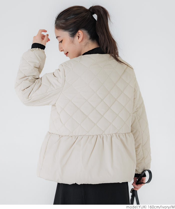 Quilted gathered blouson with pearls