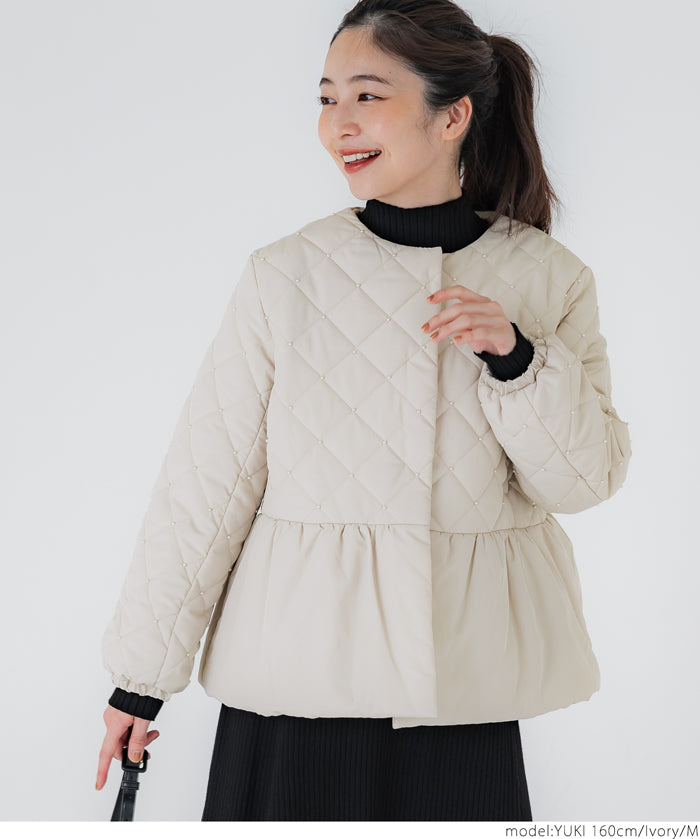 Quilted gathered blouson with pearls